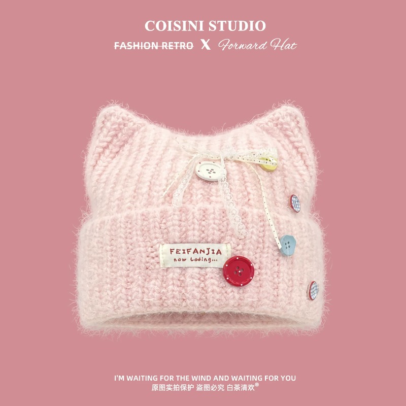 Y2K Cute Cat Ear Knit Beanies  - огляд і ціна Beanie Cuffed Knit